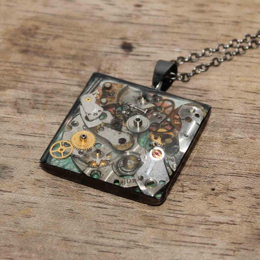 Pretty Steampunk Square Pendant From Vintage Watch Parts